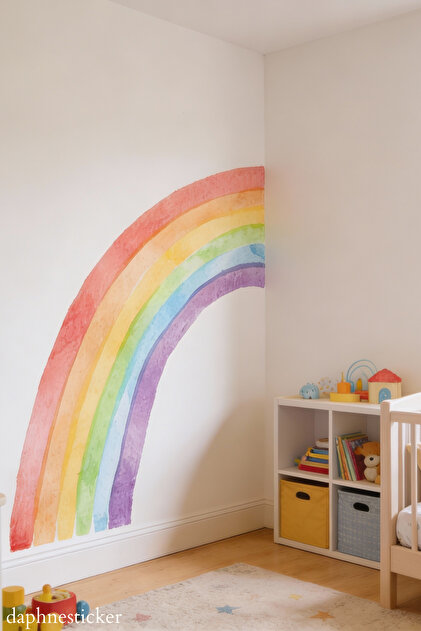 Pastel Tonlarda Suluboya Gökkuşağı Çocuk Odası Duvar Sticker Seti, Cam Sticker