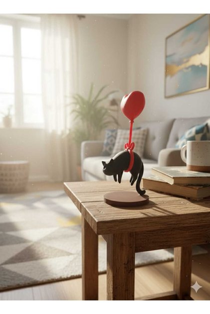 Sevgililer Günü Kalpli Balonlu Kedi Biblo | Romantik Dekoratif Aşk Figürü