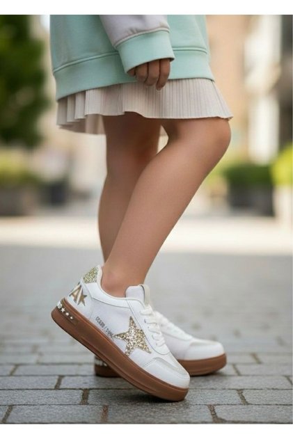 Girl's Golden Star Detailed Casual Sneaker Sports Shoes