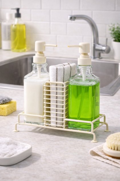 Cream Color Glass Soap Dispenser Set with Stand – Sponge/Towel Compartment, Stylish Countertop Organizer