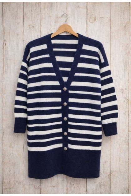 Women's Striped Detailed Bearded Soft Cardigan -0370 (Standard Size 38/46 Size Compatible)