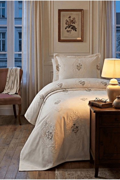 Elegant Floral Embroidered Single Bedspread Set 2 Pieces