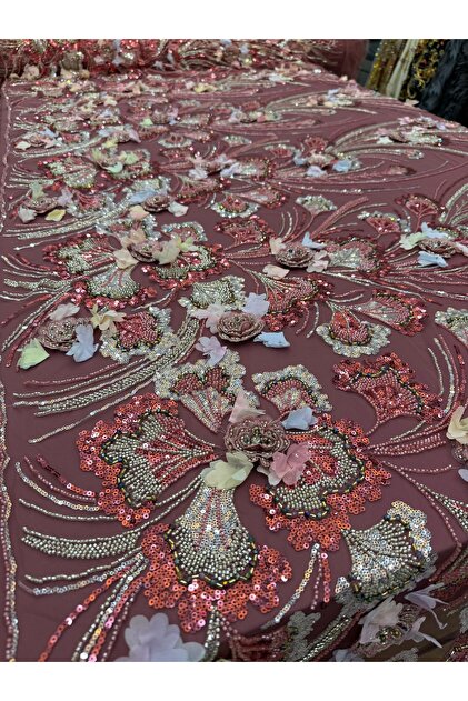 Yoğun boncuk, taş, payet 3D işlemeli dantel (100x150cm)