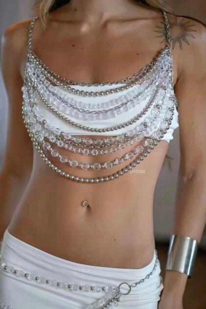 Crystal Stone Beaded Chain Bustier
