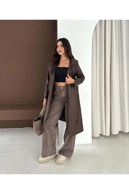 Women's New Season Belted Long Leather Coat