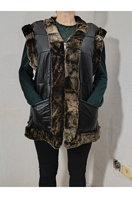 Patchwork Women's Vest with Fur Inside and Genuine Lamb Leather Trim on the Outside