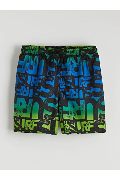 Black Elastic Waist Printed Boys' Swim Shorts (S6)