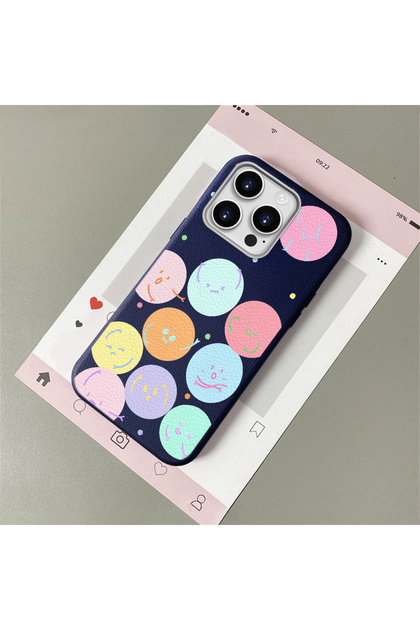 iPhone 14 Pro Max Compatible, Funny Smiley Face Pattern Leather Texture Silicone Phone Case.