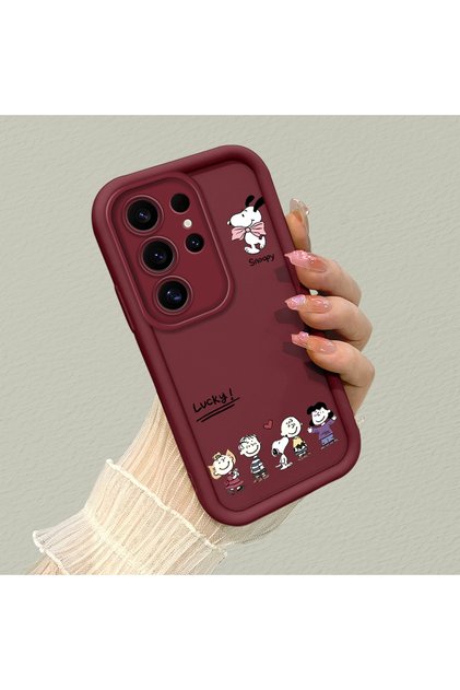 Samsung Galaxy S25 Ultra Compatible Impact Protection Lens Protection Burgundy Silicone Case Cute Snoopy Pattern