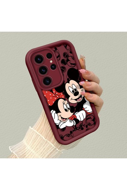 Samsung Galaxy S23 Ultra Compatible Impact Protection Lens Protection Claret Red Silicone Case Mickey Mouse Pattern