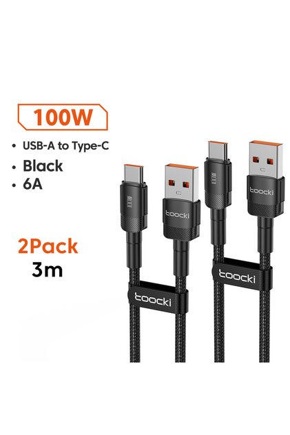 3m Black 2Pcs 6A USB To Type C Cable for PD 100W Fast Charging Charger USB C Data Co