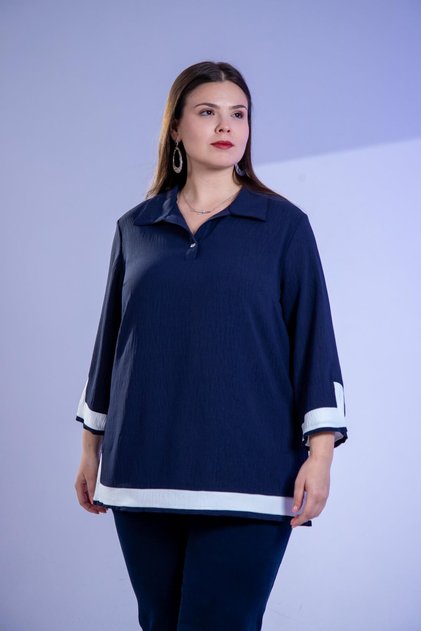 Plus Size Women's Paneled Blouse Navy Blue