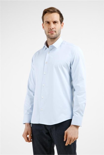 Blue Self Patterned Hard Collar Long Sleeve Pocketless Slim Fit Cotton Shirt 1004255229