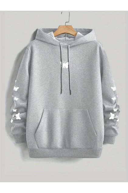 Women's Red Hooded Sweatshirt with Butterfly Print and Pockets, Casual and Comfortable