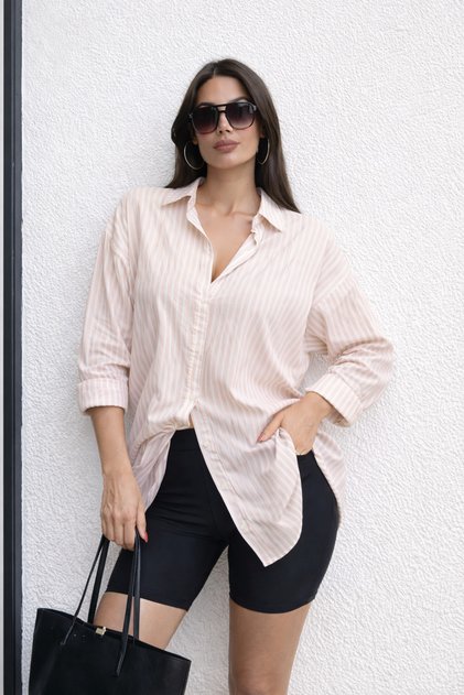 Women's Brown Striped Cotton Oversize Shirt – Comfortable Fit Casual Stylish Shirt