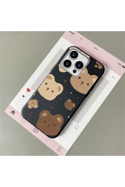 Stylish Phone Case with Cute Teddy Bear Pattern and Leather Texture, Compatible with iPhone 14 Pro.