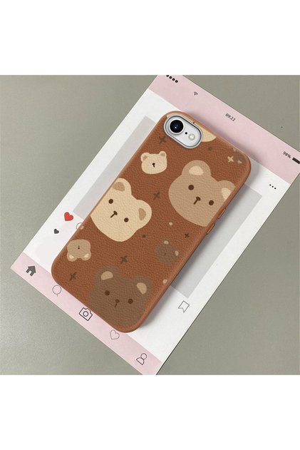 iPhone 7/8/Se 2020 2022 Compatible, Stylish Phone Case with Cute Teddy Bear Pattern and Leather Texture.