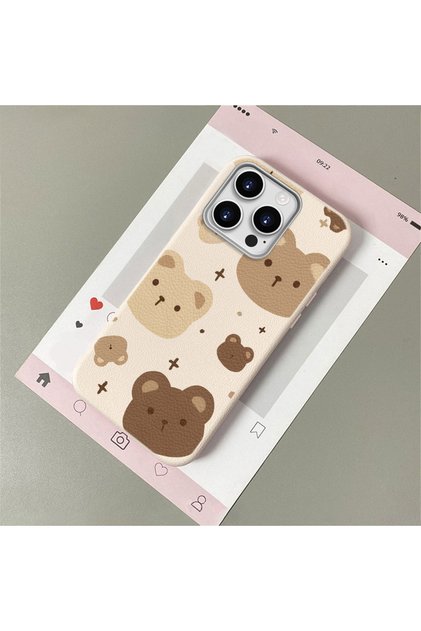 Stylish Phone Case with Cute Teddy Bear Pattern and Leather Texture, Compatible with iPhone 15 Pro.