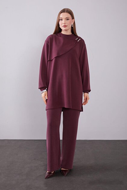 Burgundy Double Suit with Shoulder Accessory Detail