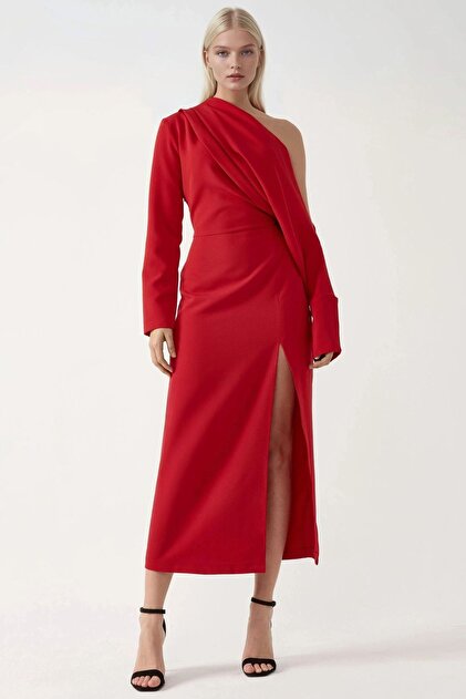 Hiccup Asymmetrical Neckline Slit Bodycon Midi Dress- Trendyol
