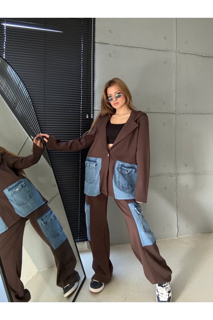 KADIN DOUBLE FACE KUMAŞ GERÇEK KOT DETAY UZUN İKİLİ TAKIM