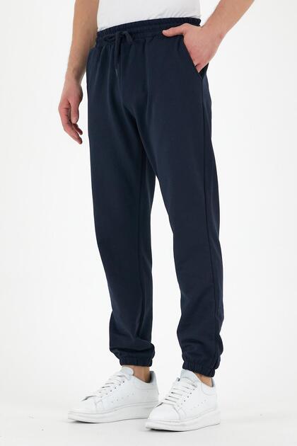 Navy Blue Men's Sweatpants with Labels, Back and Side Pockets, Regular Fit, Elastic Cuffs