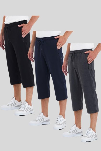 Men's 3-Pocket Zippered Bermuda Shorts Below the Knee Capri Adjustable Waist Shorts