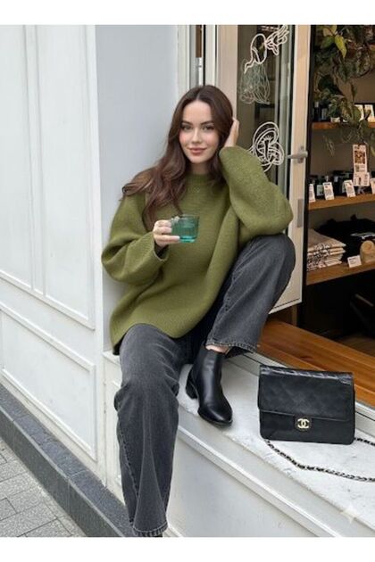Kadın Balıkçı Yaka Oversize Yeni Sezon Triko Kazak