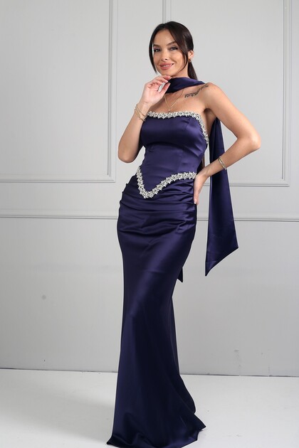 Women's Strapless Transparent Strap Lined Shiny Stone Detailed Satin Long Dress with Draped Flared Skirts on the Front