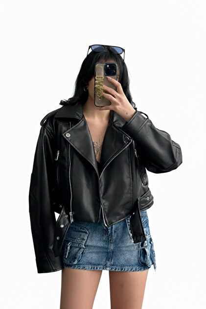 New Season Oversize Women's Black Belted Biker Leather Jacket Trend Model