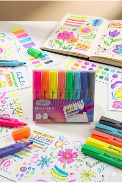 8 Pack Highlighter Pens Glitter Colors Highlighter with Cut Tip