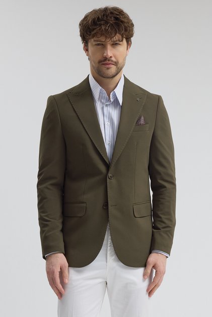 Pique Men's Khaki Pointed Collar Slim Fit Sport Blazer Jacket with Flexible Polyviscon Fabric