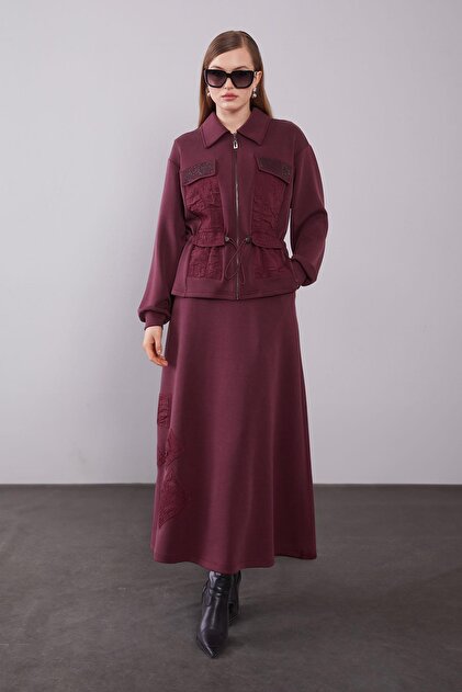 Burgundy Gathered Patch Detailed Skirt Set