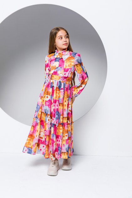 Girl's Home Patterned Belted Fuchsia Dress - New Season