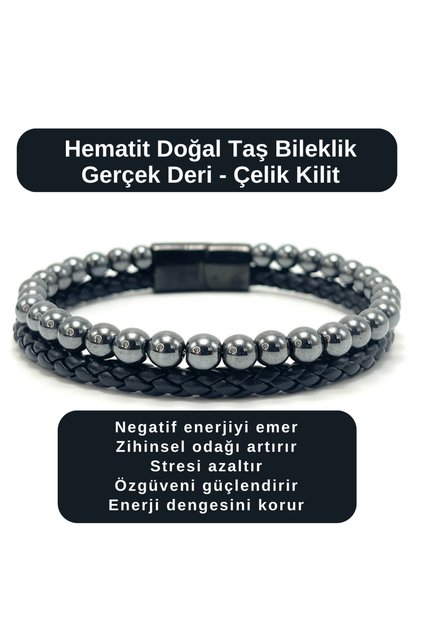 Certified Hematite Natural Stone Bracelet Real Leather Steel Lock