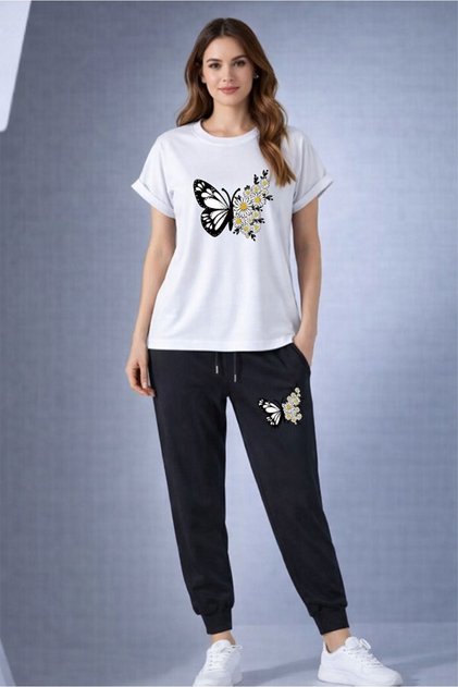 Oversize T-Shirt with Butterfly Print and Elastic Cuffs Sweatpants Set Cotton