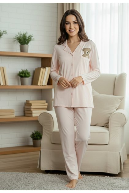 Women's Teddy Bear Figure Pocket Printed Milan Fabric 100% Cotton Pajama Set