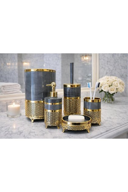 Luxury 5-Piece Gray Color Gold Detail Stylish Cage Model Toothbrush Holder, Hand and Liquid Soap Dispenser Etc. Bathroom Set