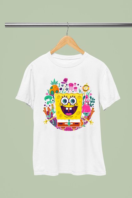 Spongebob Printed Cotton Short-Sleeved Regular Fit Youth and Children's T-Shirt
