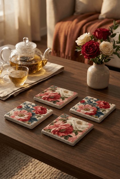 Pink Burgundy Flowers Themed Vintage Flowers Natural Stone Travertine Coasters Set of 4