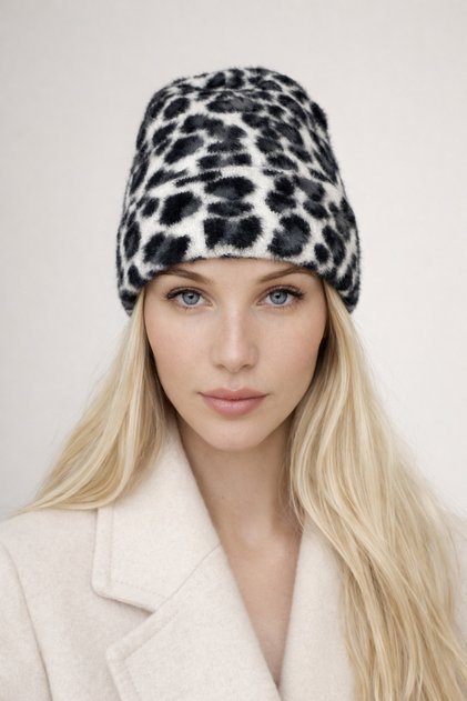 Leopard Angora Beanie Soft Furry - Women's