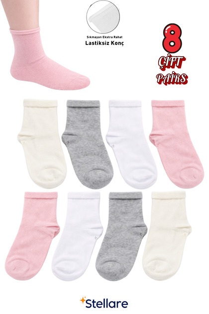 Girls' Sock Set of 8 – Non-Elastic Cuff, Cotton, Comfortable Daily Socks That Don'T Squeeze