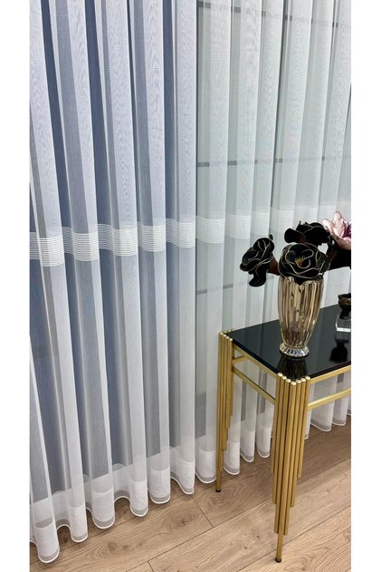 2672 Striped Modern Living Room Curtain 1/3 Dense Pleated Tulle Curtain (Ecru)