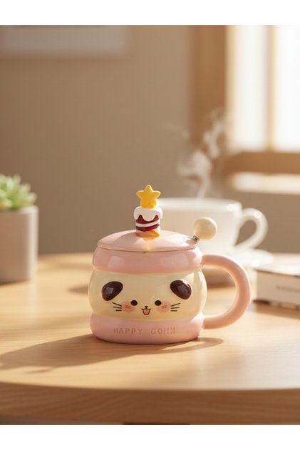 Cute Figure Ceramic Mug with Spoon and Lid 350 ml