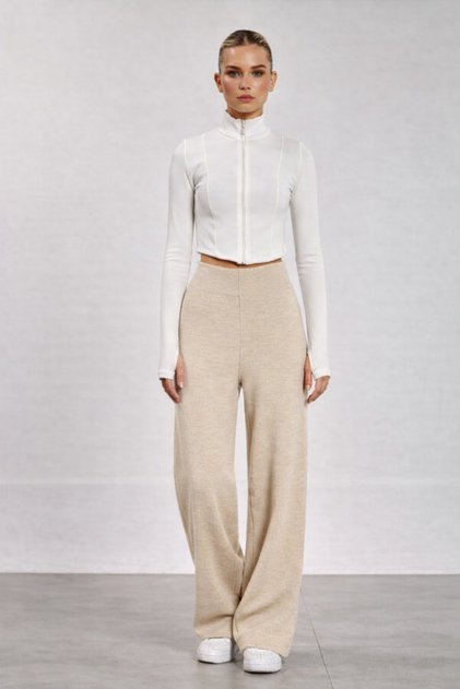 Women's Beige High Waist Stretchy Knitwear Wide Leg Palazzo Trousers