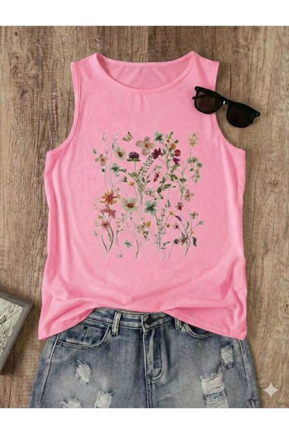 Flowers Patterned Women's Cotton Off-The-Shoulder (Sleeveless) Summer T-Shirt