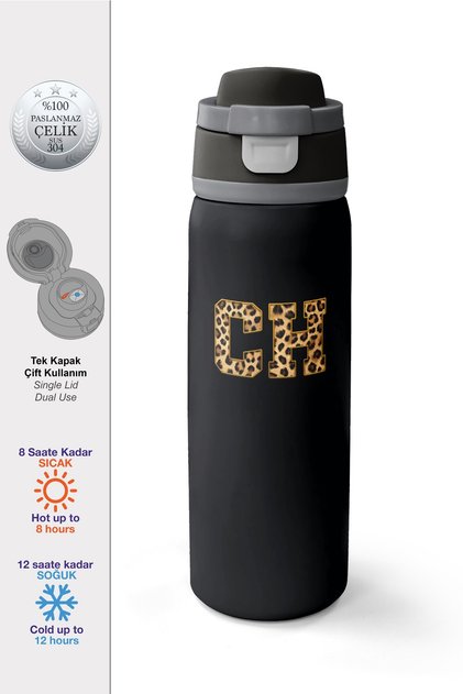 Black Leopard Ch Letter Patterned Steel Thermos with Straw and Direct Drinking Feature 800 ml 38506