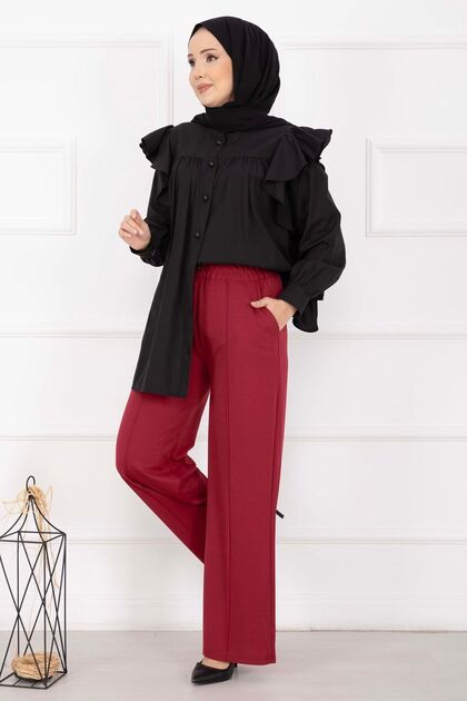 Front Pocket Detailed Trousers in Şarabi Color