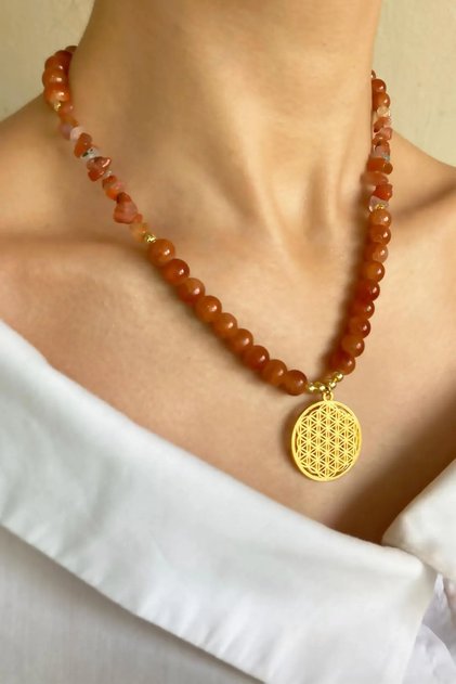 Crystal Glass Beads Natural Stone Necklace with Flower of Life - Orange