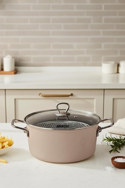 Crispella 22 cm Enamel Frying Pan with Glass Lid - Brown